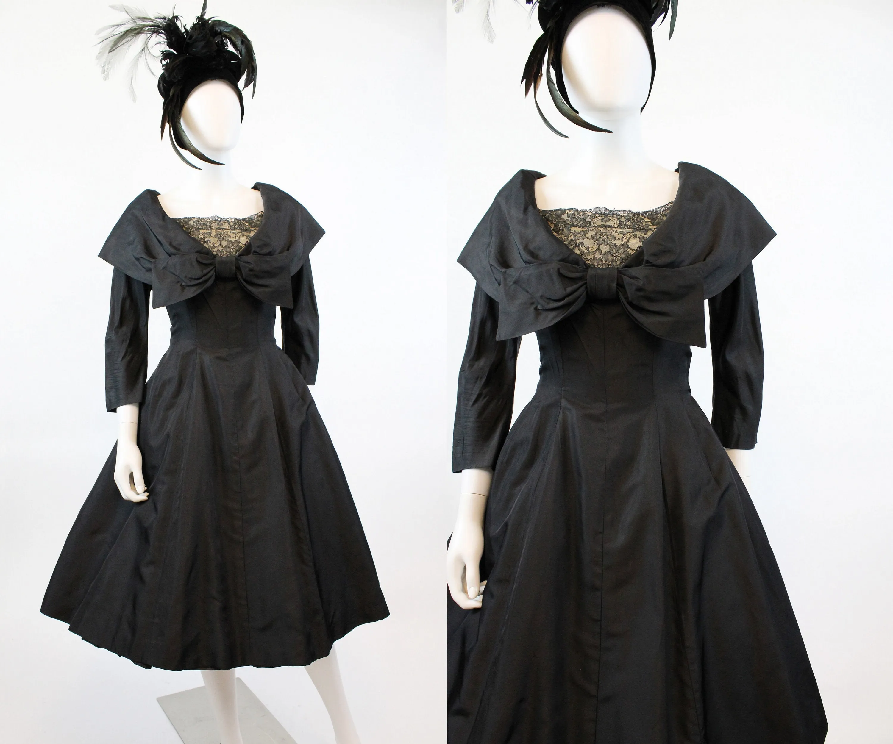 1950s silk COUTURE lace cape collar dress small | new winter