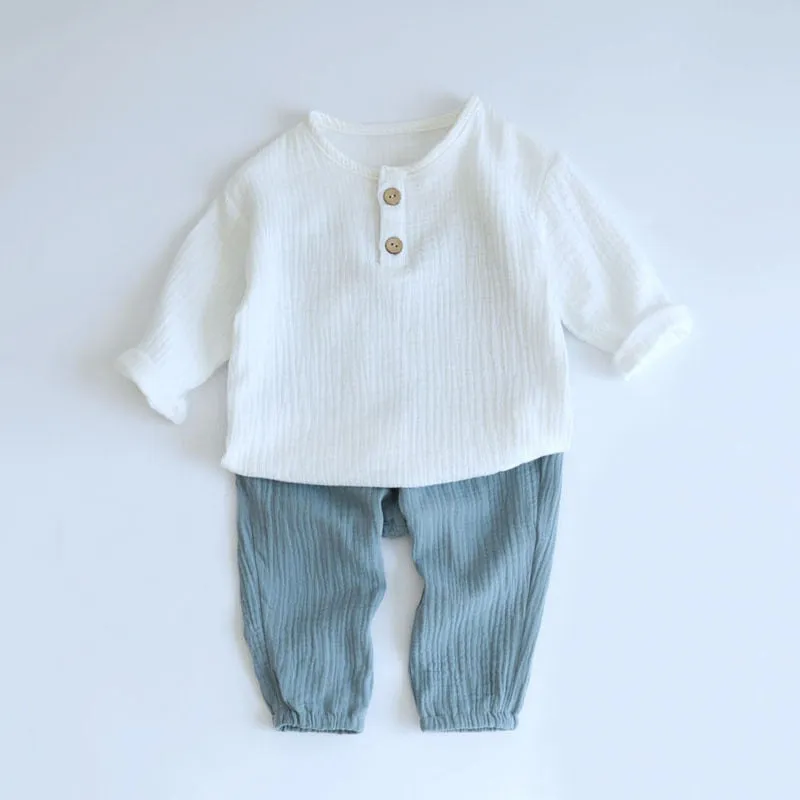 2pcs Baby Boy Muslin Organic Cotton Long Sleeve Outfit, T-shirt   Loose Pants - Grey, Beige, Blue, Green