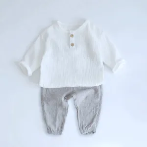2pcs Baby Boy Muslin Organic Cotton Long Sleeve Outfit, T-shirt   Loose Pants - Grey, Beige, Blue, Green