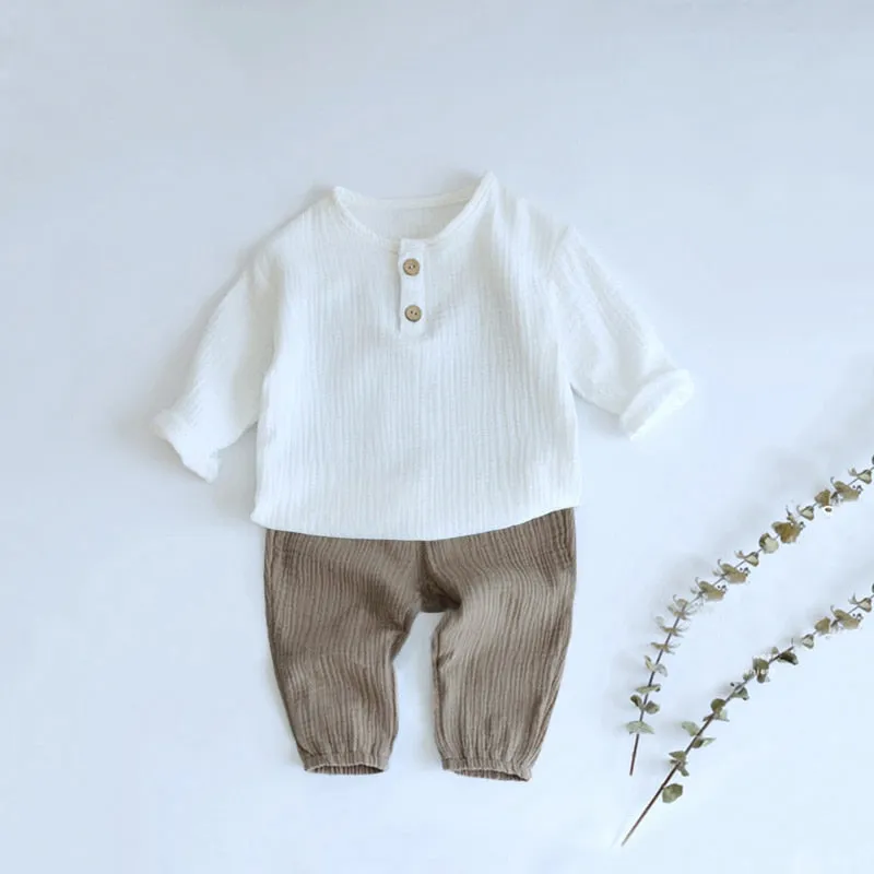 2pcs Baby Boy Muslin Organic Cotton Long Sleeve Outfit, T-shirt   Loose Pants - Grey, Beige, Blue, Green