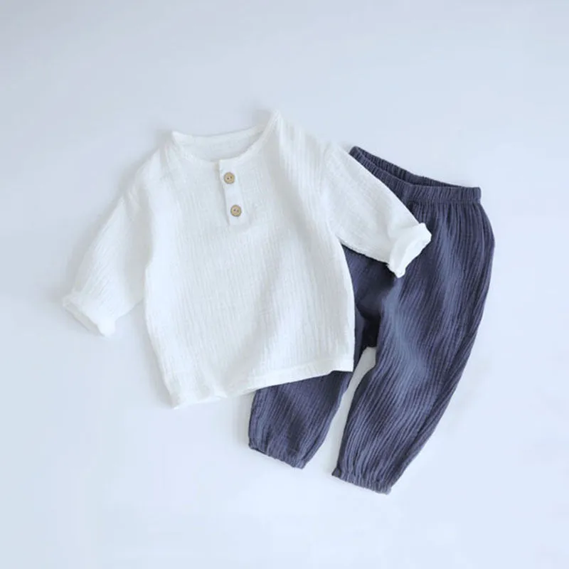 2pcs Baby Boy Muslin Organic Cotton Long Sleeve Outfit, T-shirt   Loose Pants - Grey, Beige, Blue, Green