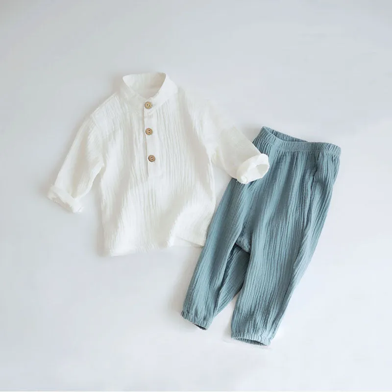 2pcs Baby Boy Muslin Organic Cotton Long Sleeve Outfit, T-shirt   Loose Pants - Grey, Beige, Blue, Green