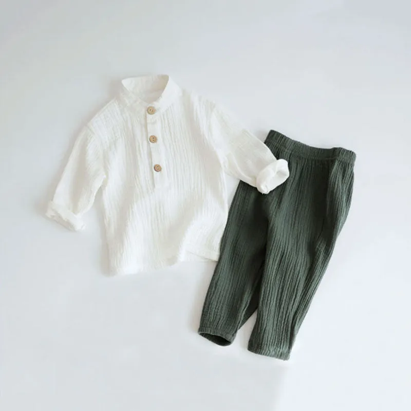 2pcs Baby Boy Muslin Organic Cotton Long Sleeve Outfit, T-shirt   Loose Pants - Grey, Beige, Blue, Green