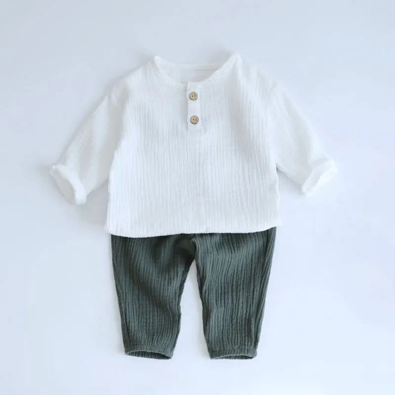 2pcs Baby Boy Muslin Organic Cotton Long Sleeve Outfit, T-shirt   Loose Pants - Grey, Beige, Blue, Green