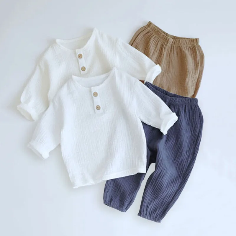 2pcs Baby Boy Muslin Organic Cotton Long Sleeve Outfit, T-shirt   Loose Pants - Grey, Beige, Blue, Green