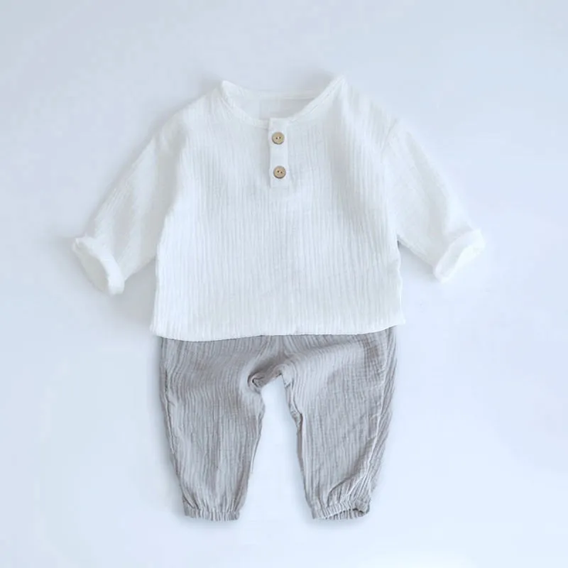 2pcs Baby Boy Muslin Organic Cotton Long Sleeve Outfit, T-shirt   Loose Pants - Grey, Beige, Blue, Green