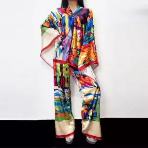 2pcs Suit Bohemian Printed Over Size V-neck Batwing Sleeve Dress