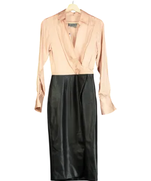 Anthropologie Nude Long-sleeve V-neck Faux Leather Satin Midi Dress UK 6
