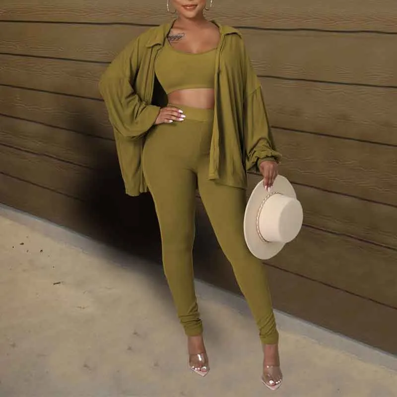 Basic Long Sleeve Ribbed 3PCS Pants Set