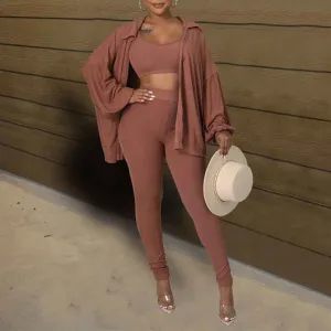 Basic Long Sleeve Ribbed 3PCS Pants Set