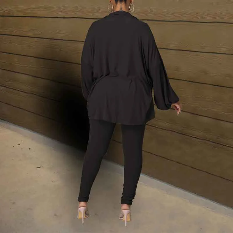 Basic Long Sleeve Ribbed 3PCS Pants Set