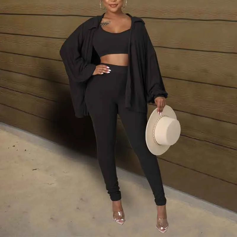Basic Long Sleeve Ribbed 3PCS Pants Set