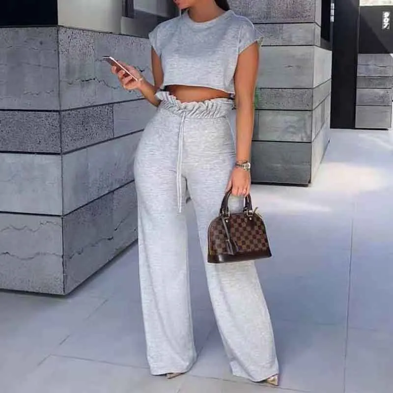 Basic Short Sleeve  Crop Top & Loose Pants Set