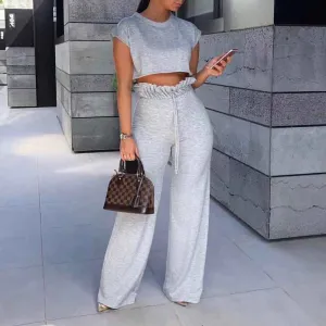 Basic Short Sleeve  Crop Top & Loose Pants Set