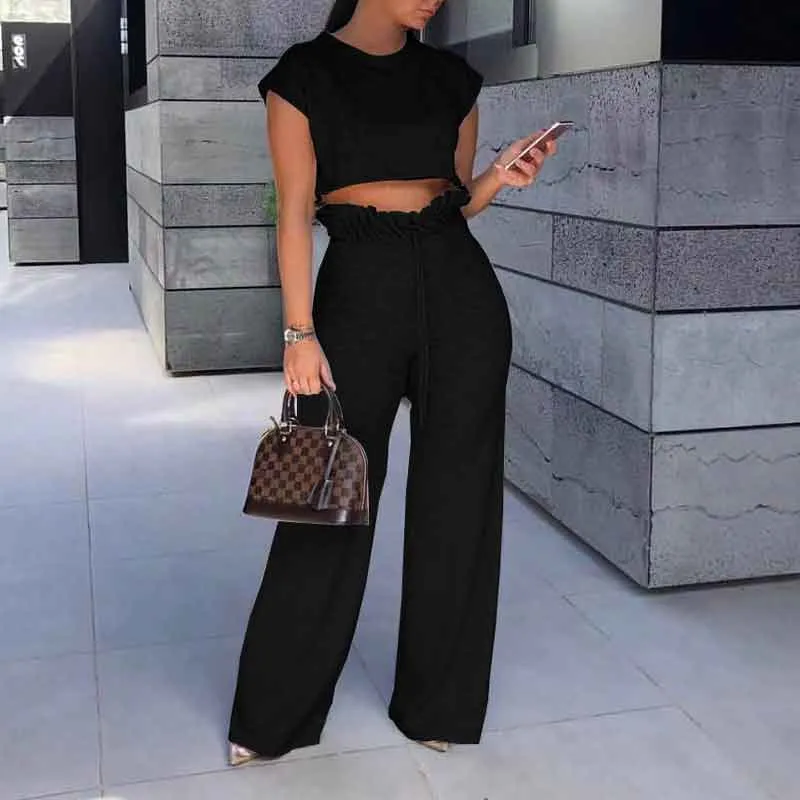 Basic Short Sleeve  Crop Top & Loose Pants Set
