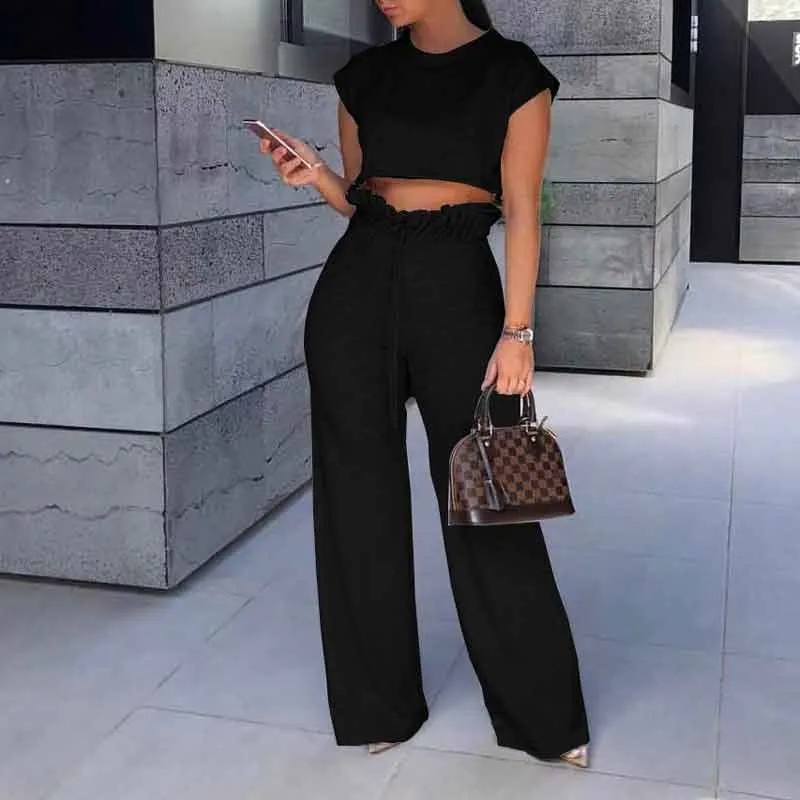 Basic Short Sleeve  Crop Top & Loose Pants Set