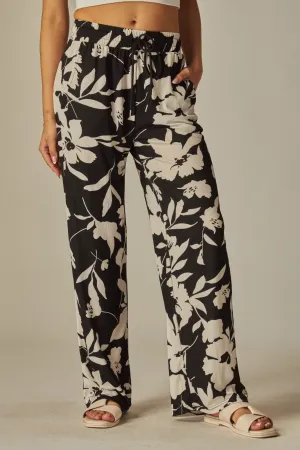 Black Floral Rib Drawstring Wide Leg Pants 2/24/25 9637