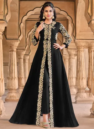Black Golden Embroidered Slit Style Anarkali Pant Suit
