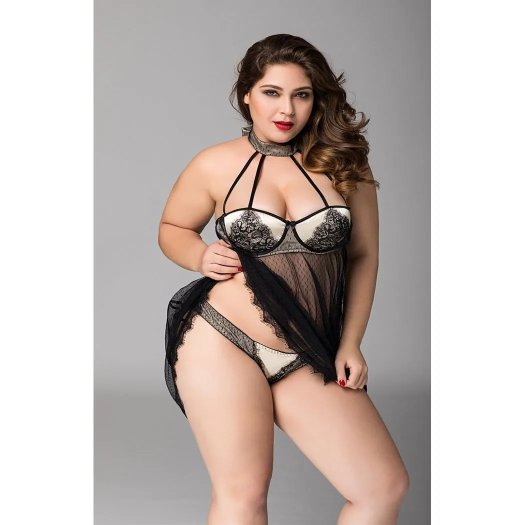 Black Sheer Lace Babydoll - Queen Size