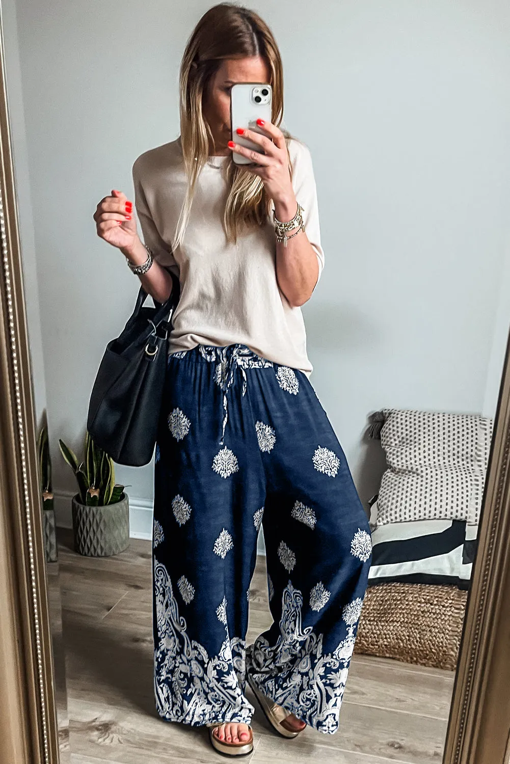 Blue Bohemian Printed Drawstring Waist Wide Leg Pants