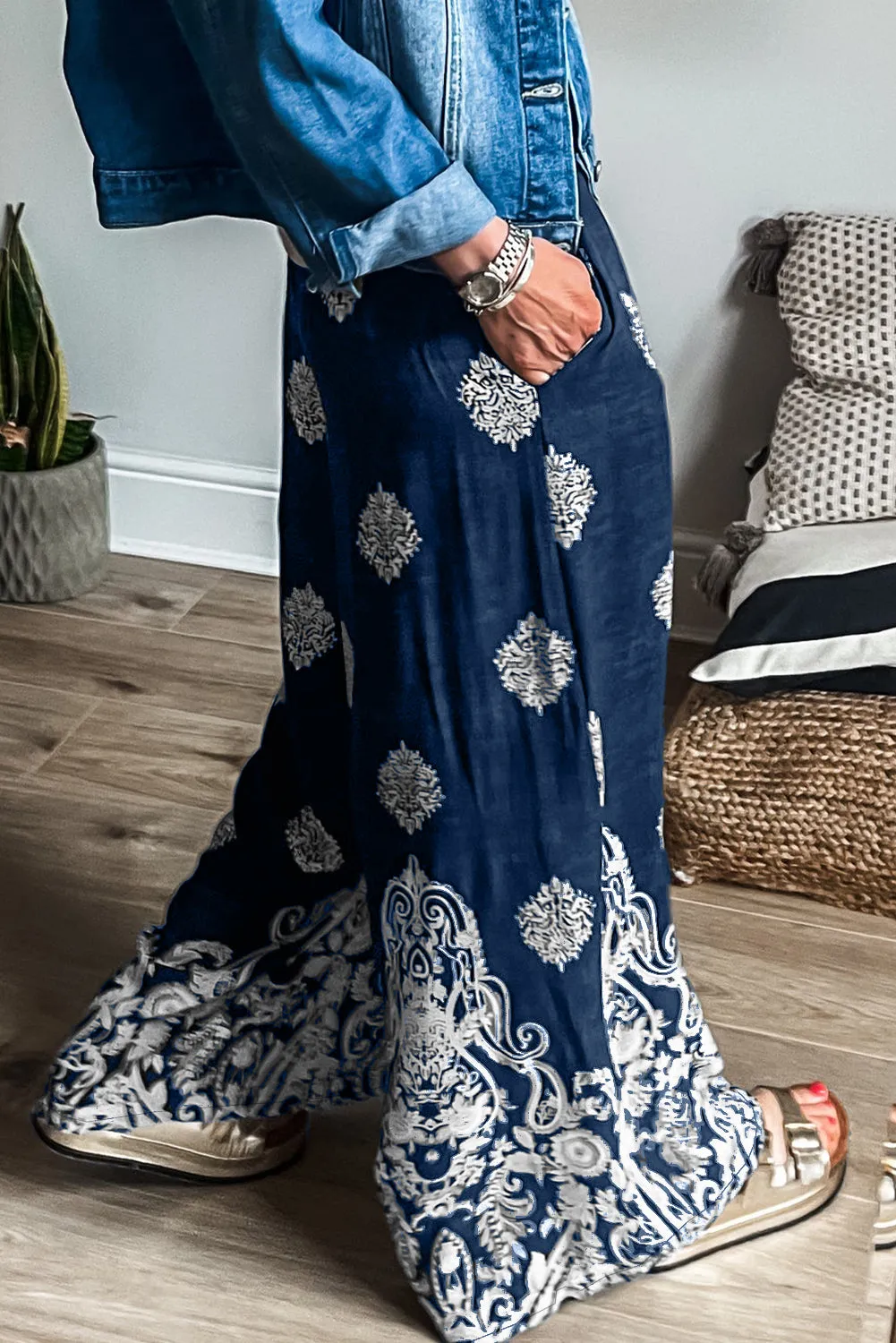 Blue Bohemian Printed Drawstring Waist Wide Leg Pants