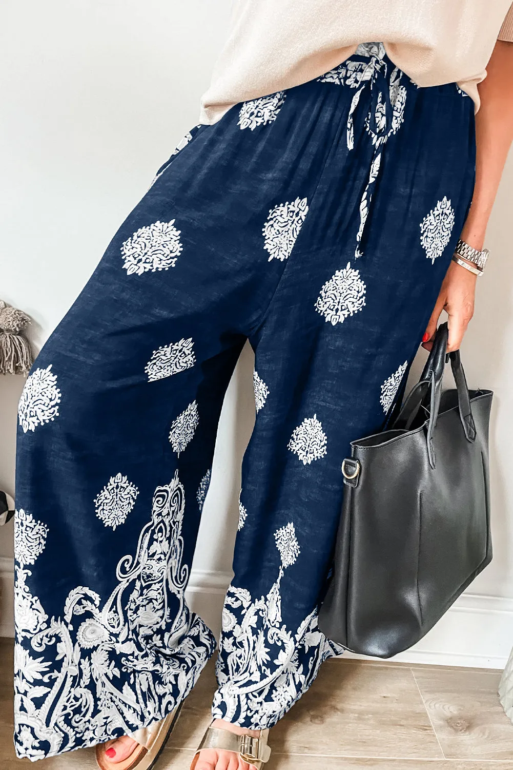 Blue Bohemian Printed Drawstring Waist Wide Leg Pants