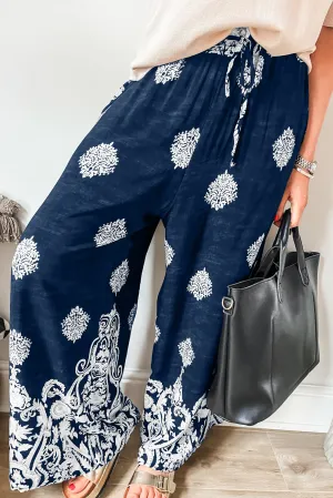Blue Bohemian Printed Drawstring Waist Wide Leg Pants