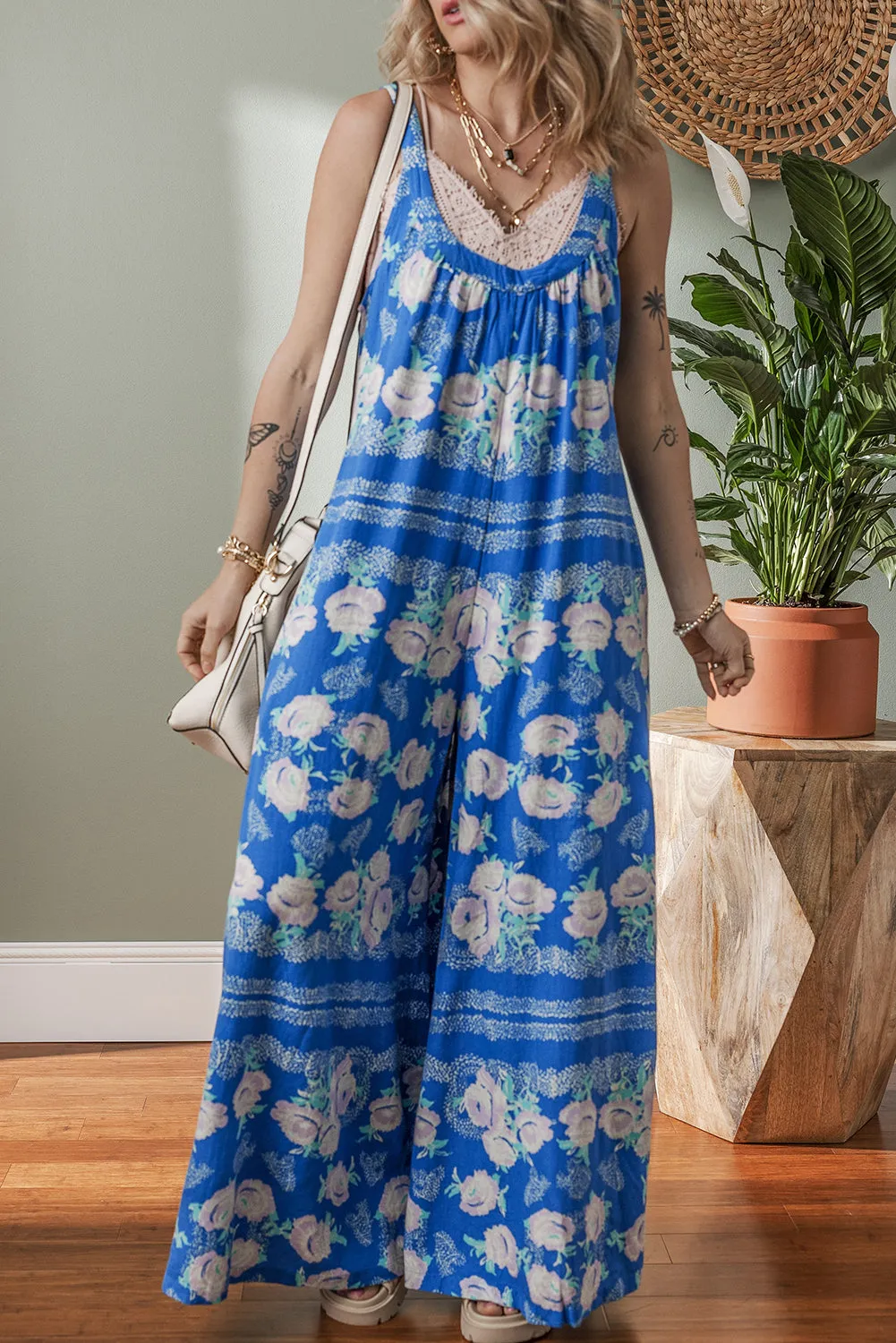 Blue Floral Print Wide Leg Sleeveless Jumpsuit