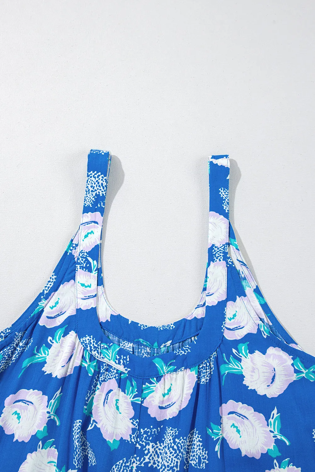 Blue Floral Print Wide Leg Sleeveless Jumpsuit