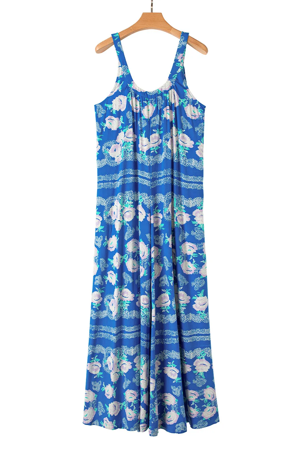 Blue Floral Print Wide Leg Sleeveless Jumpsuit