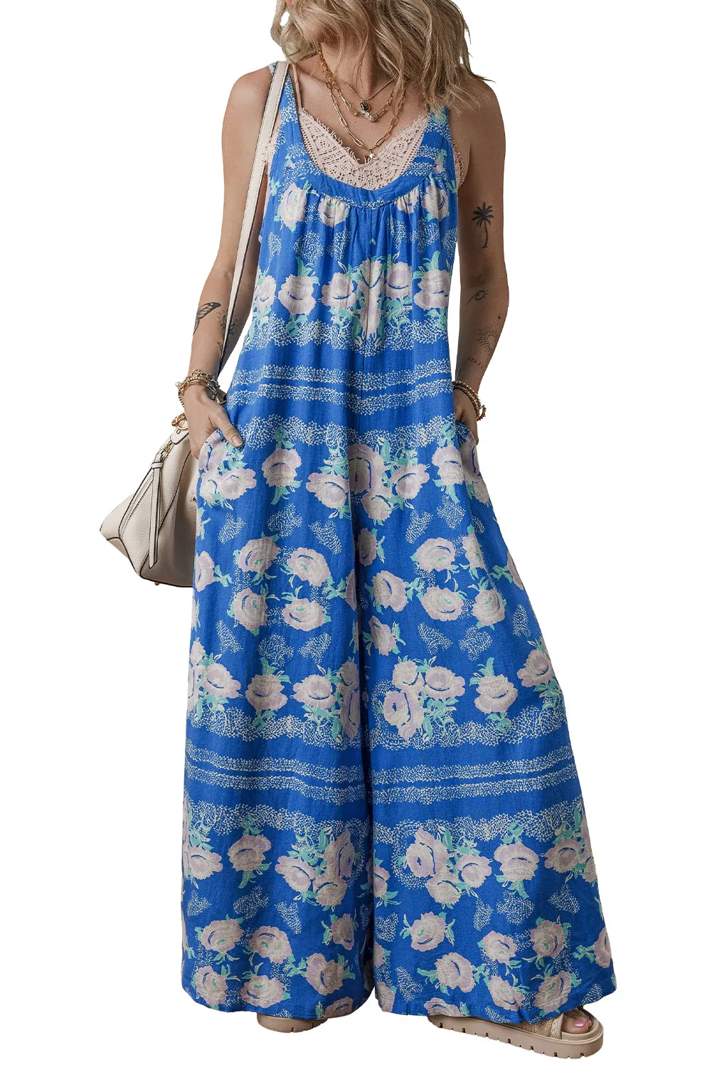 Blue Floral Print Wide Leg Sleeveless Jumpsuit