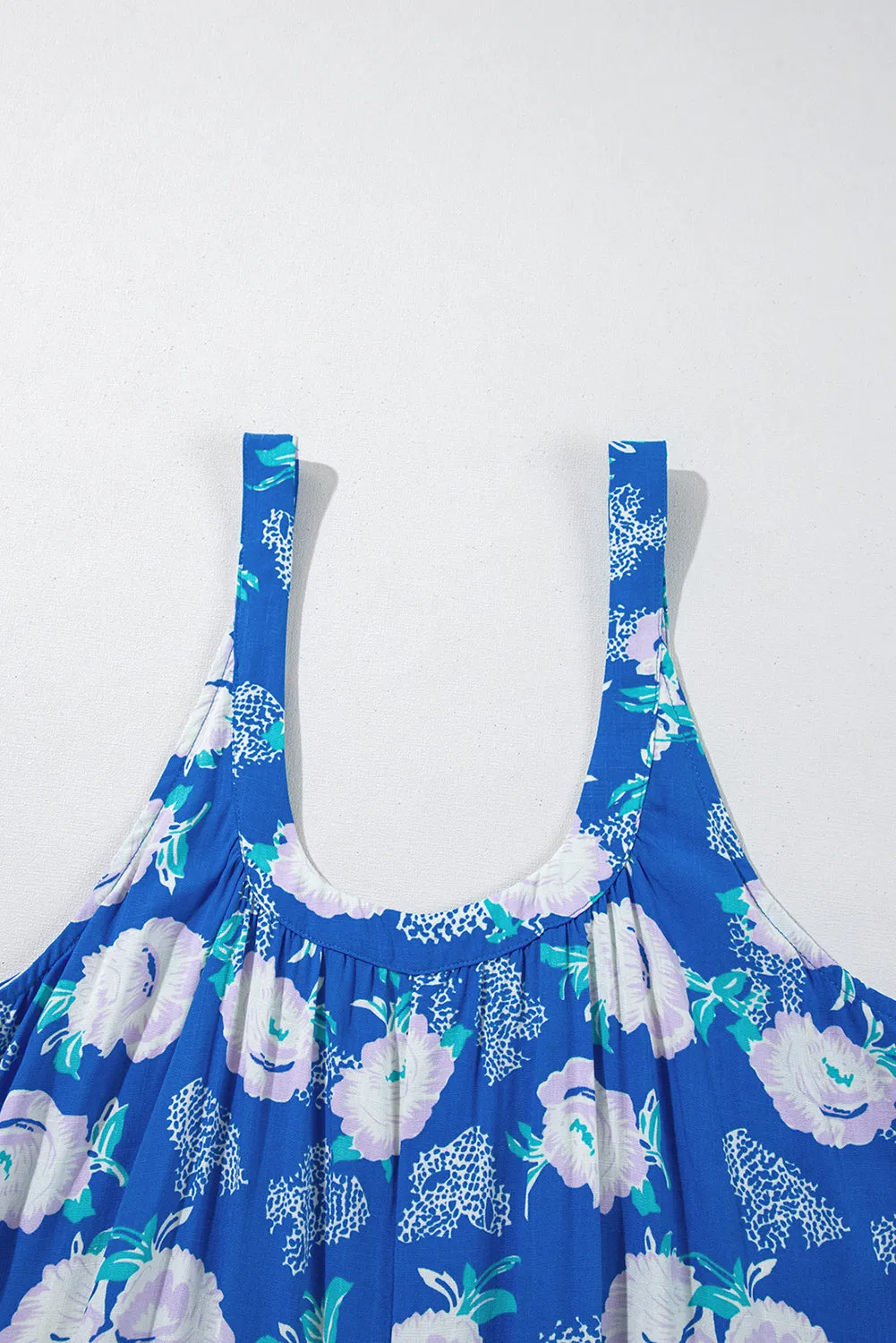 Blue Floral Print Wide Leg Sleeveless Jumpsuit
