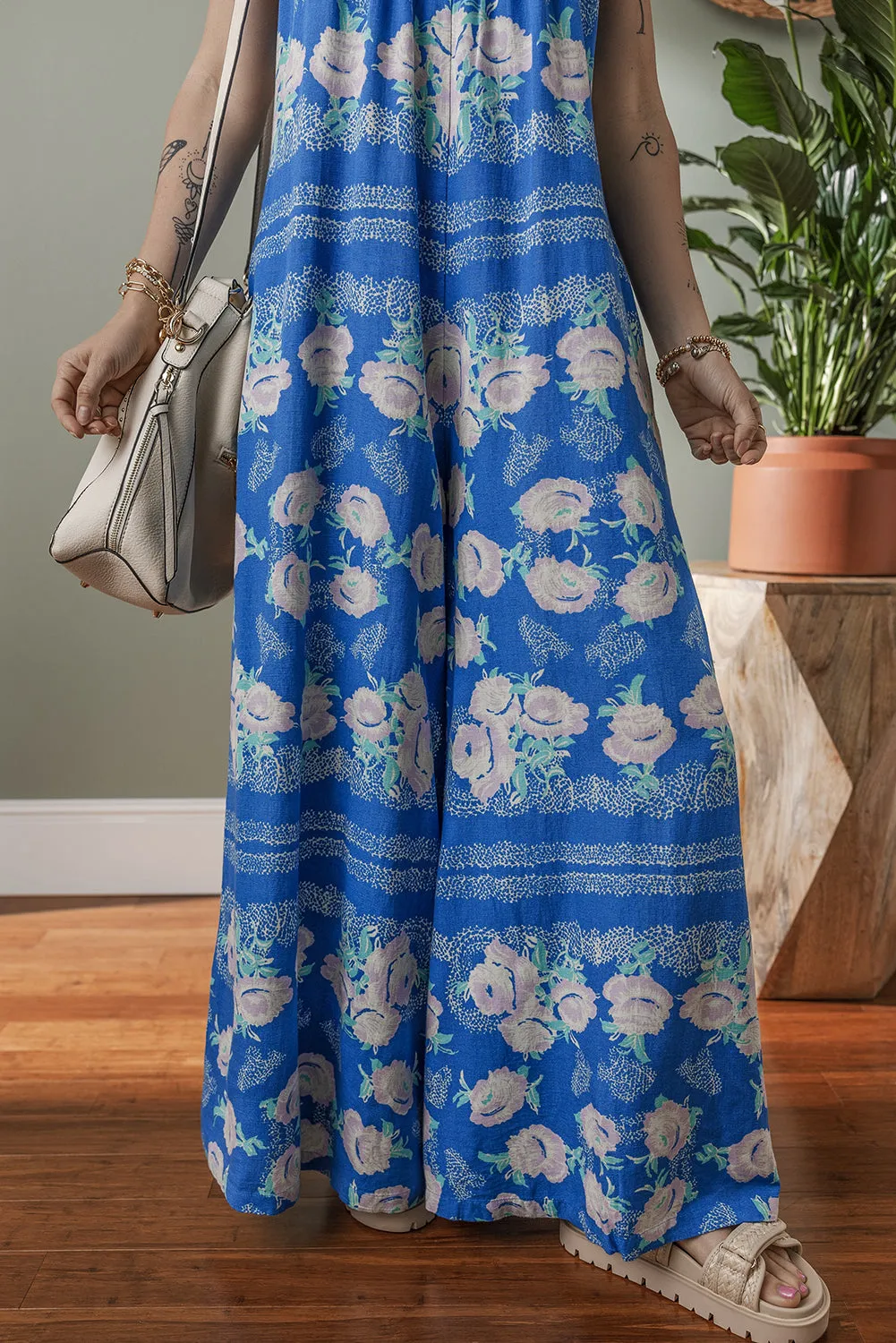 Blue Floral Print Wide Leg Sleeveless Jumpsuit
