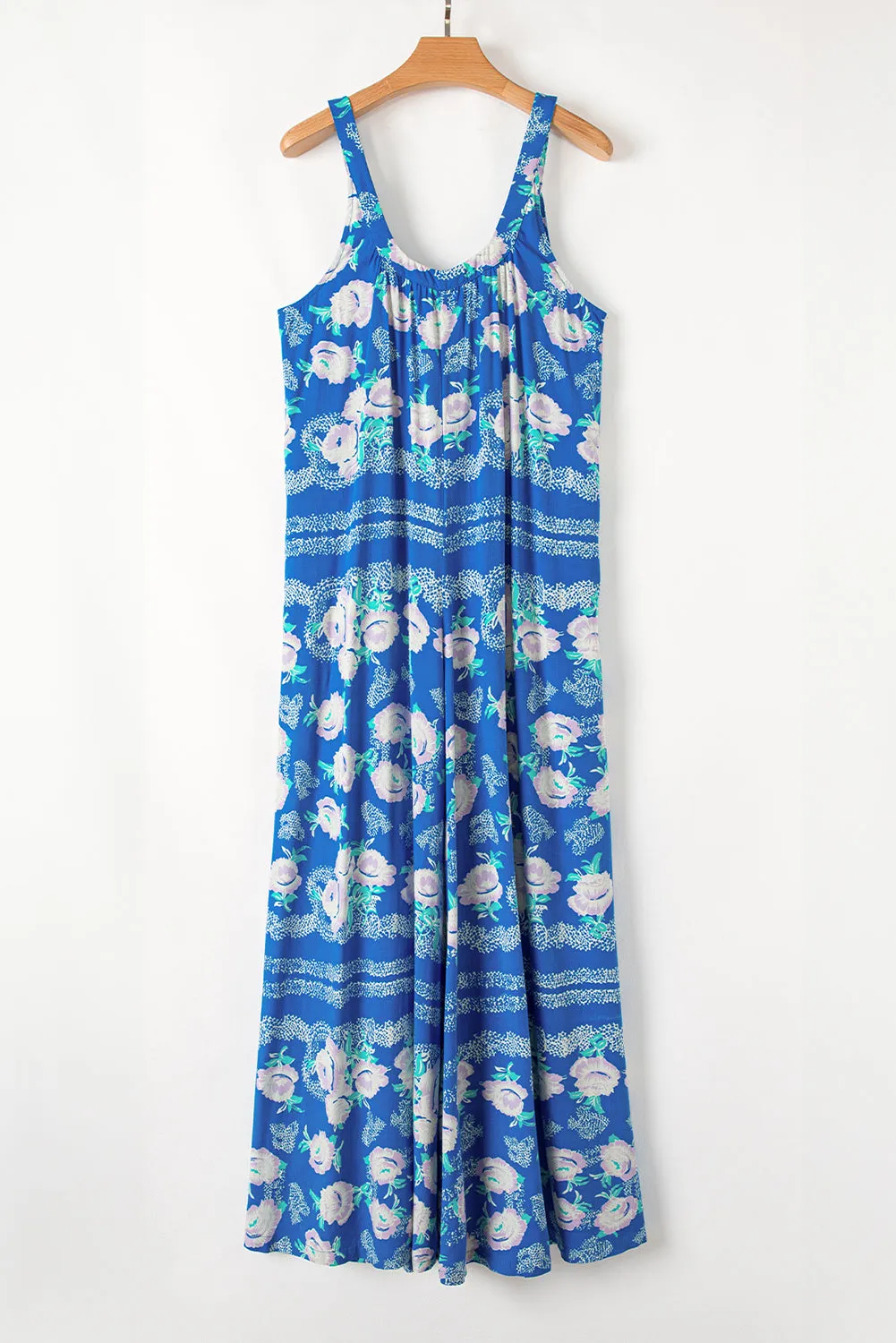 Blue Floral Print Wide Leg Sleeveless Jumpsuit
