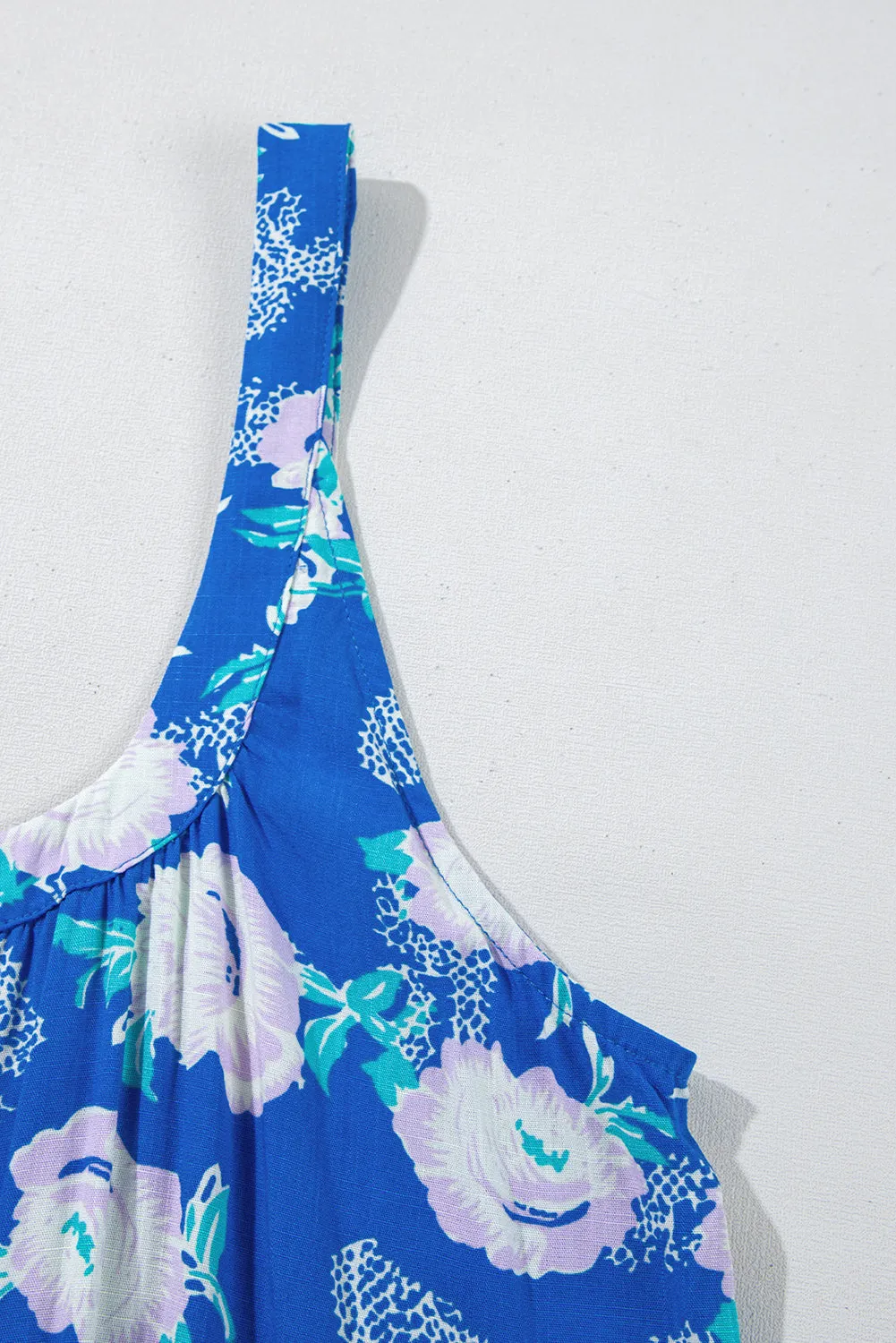 Blue Floral Print Wide Leg Sleeveless Jumpsuit