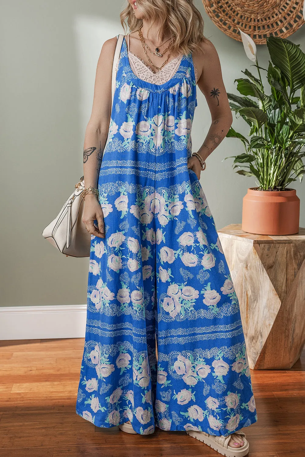Blue Floral Print Wide Leg Sleeveless Jumpsuit