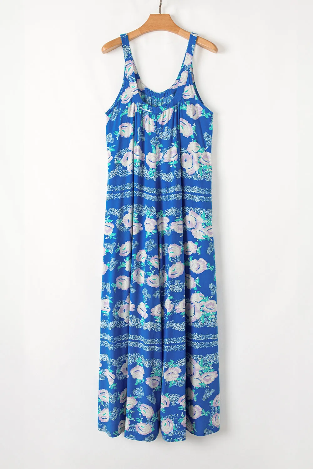 Blue Floral Print Wide Leg Sleeveless Jumpsuit