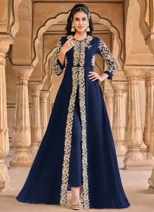 Blue Golden Embroidered Slit Style Anarkali Pant Suit