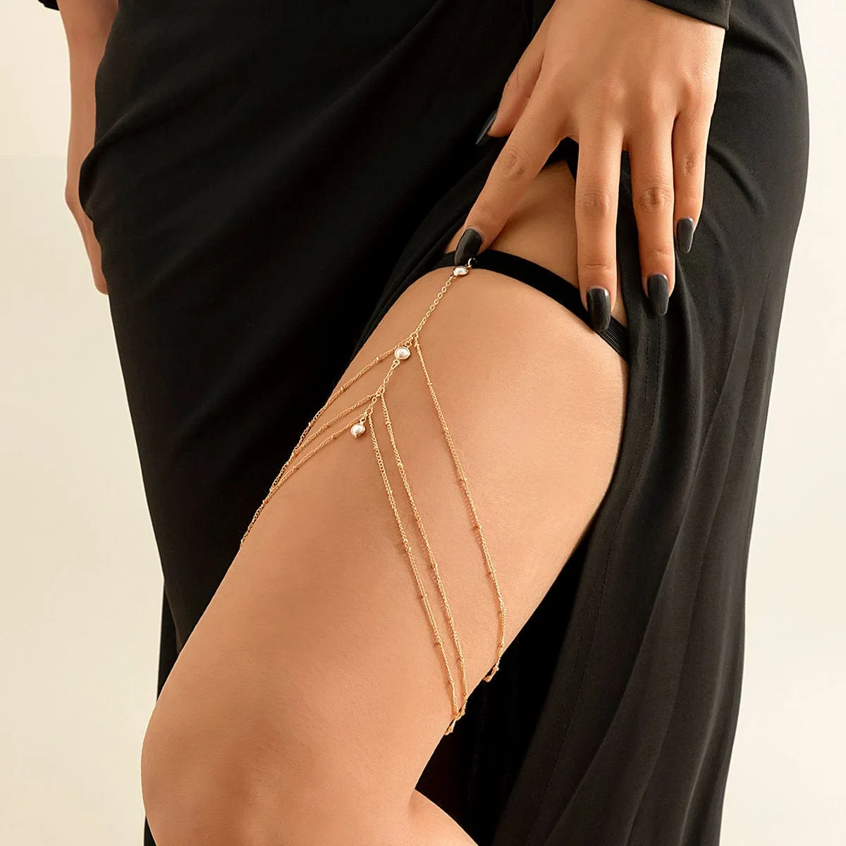 Bohemian Layered Pearl Charm Elastic Saturn Thigh Leg Chain