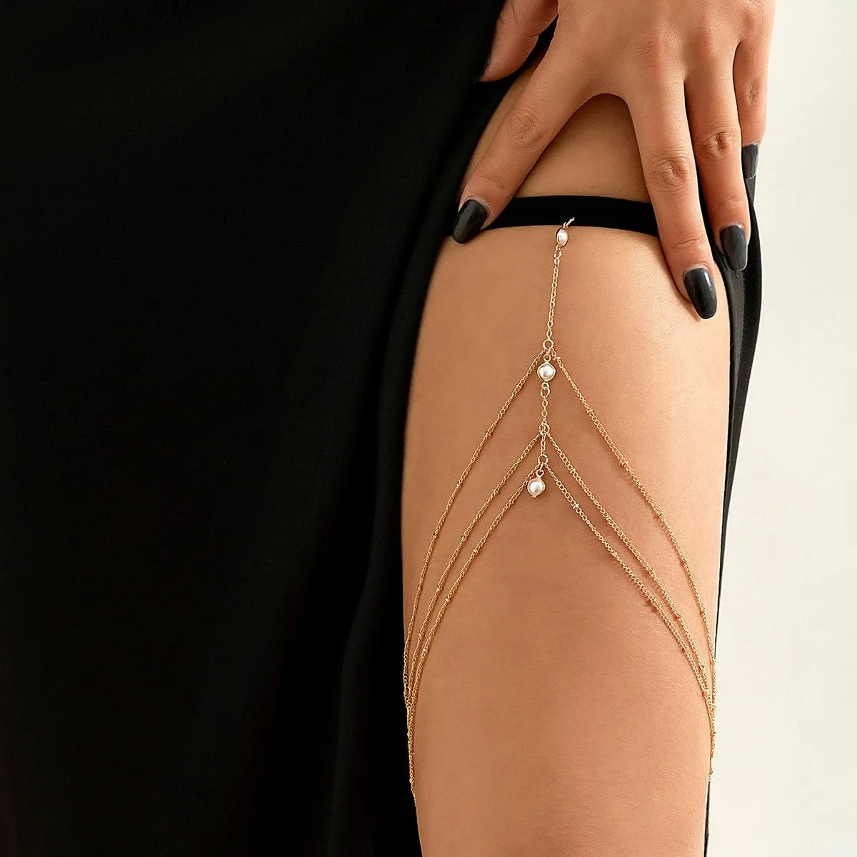 Bohemian Layered Pearl Charm Elastic Saturn Thigh Leg Chain