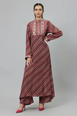 BOHEMIAN STRIPE PRINT KURTA WITH EMBROIDERED YOKE AND PANTS