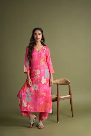 Bright Pink Floral Printed Viscose Muslin Kurta Set