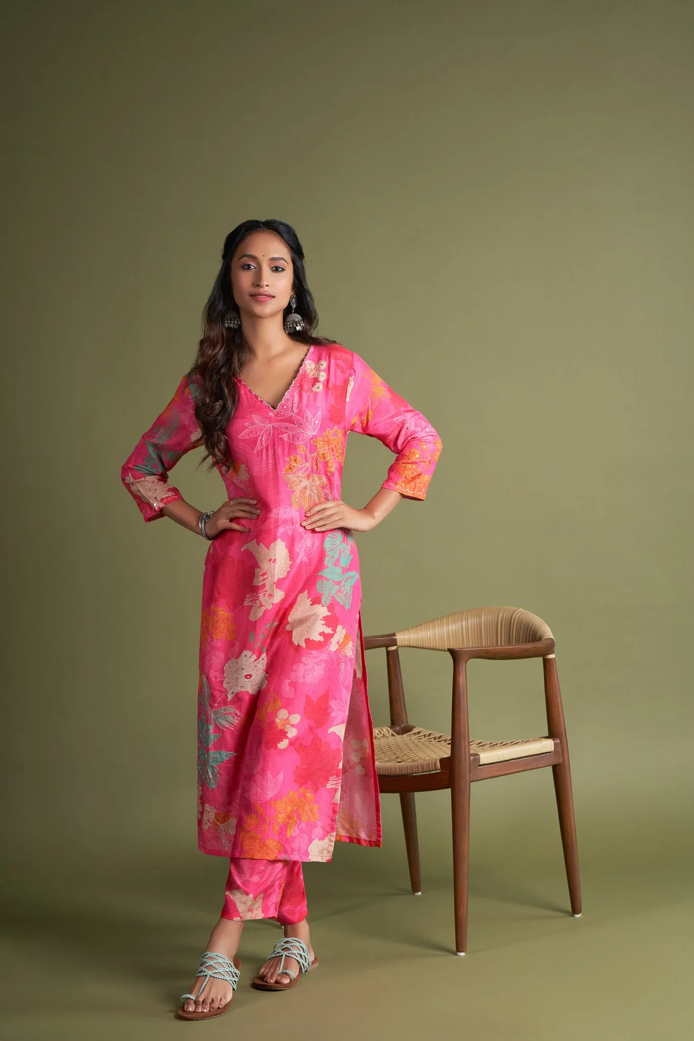 Bright Pink Floral Printed Viscose Muslin Kurta Set