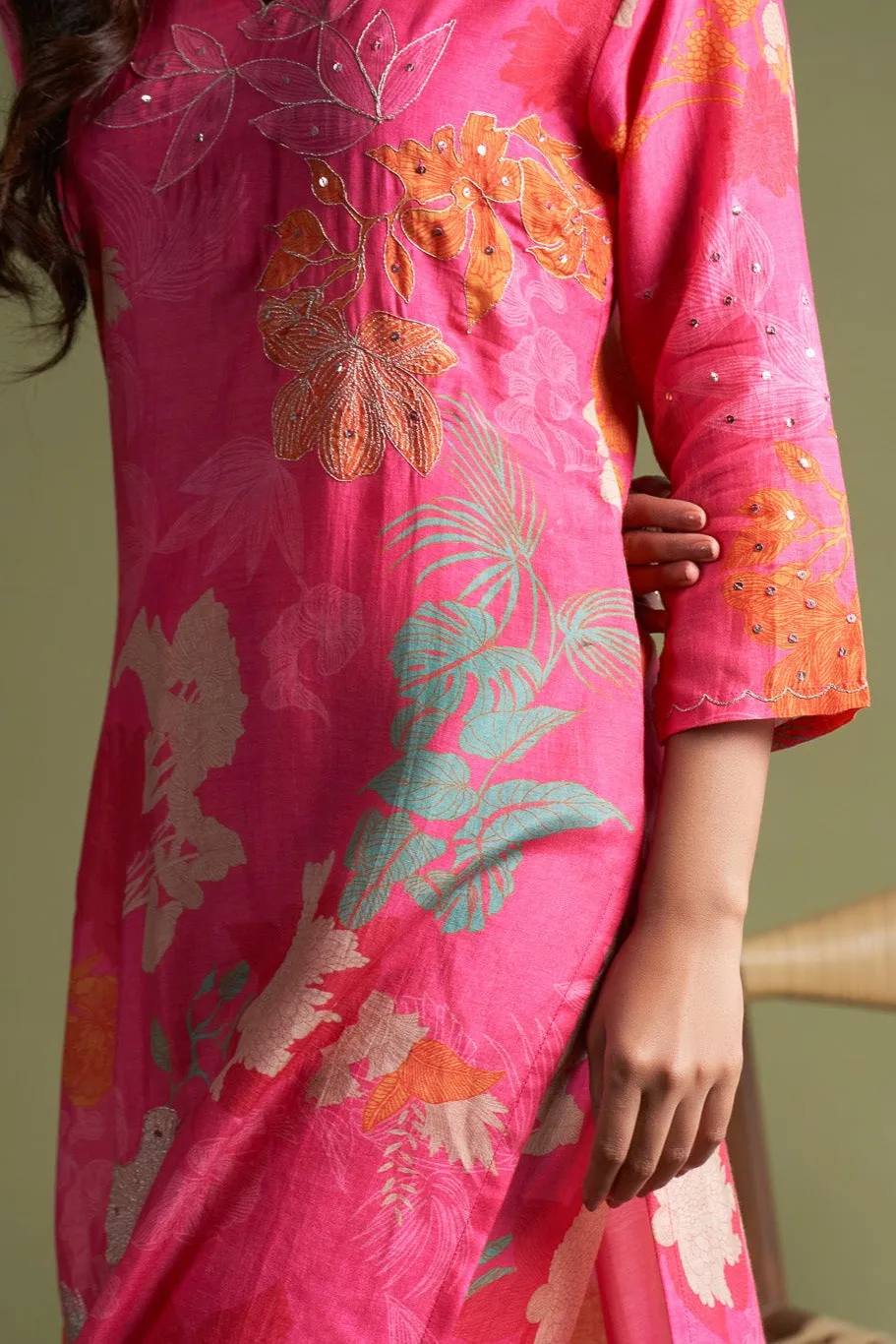 Bright Pink Floral Printed Viscose Muslin Kurta Set