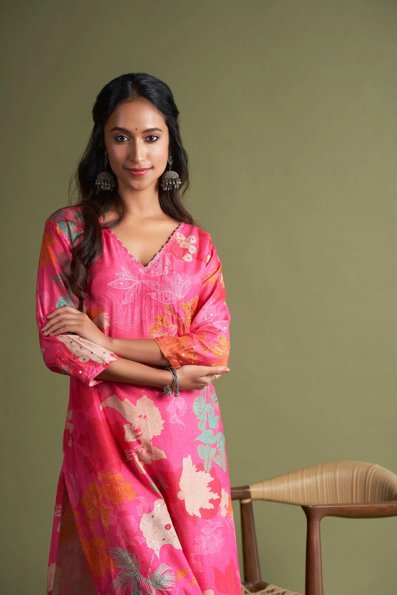 Bright Pink Floral Printed Viscose Muslin Kurta Set