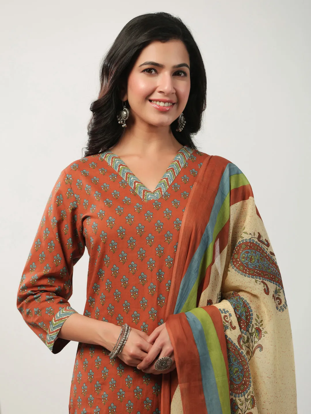 Brown Cotton Floral Straight Kurta Pant Set