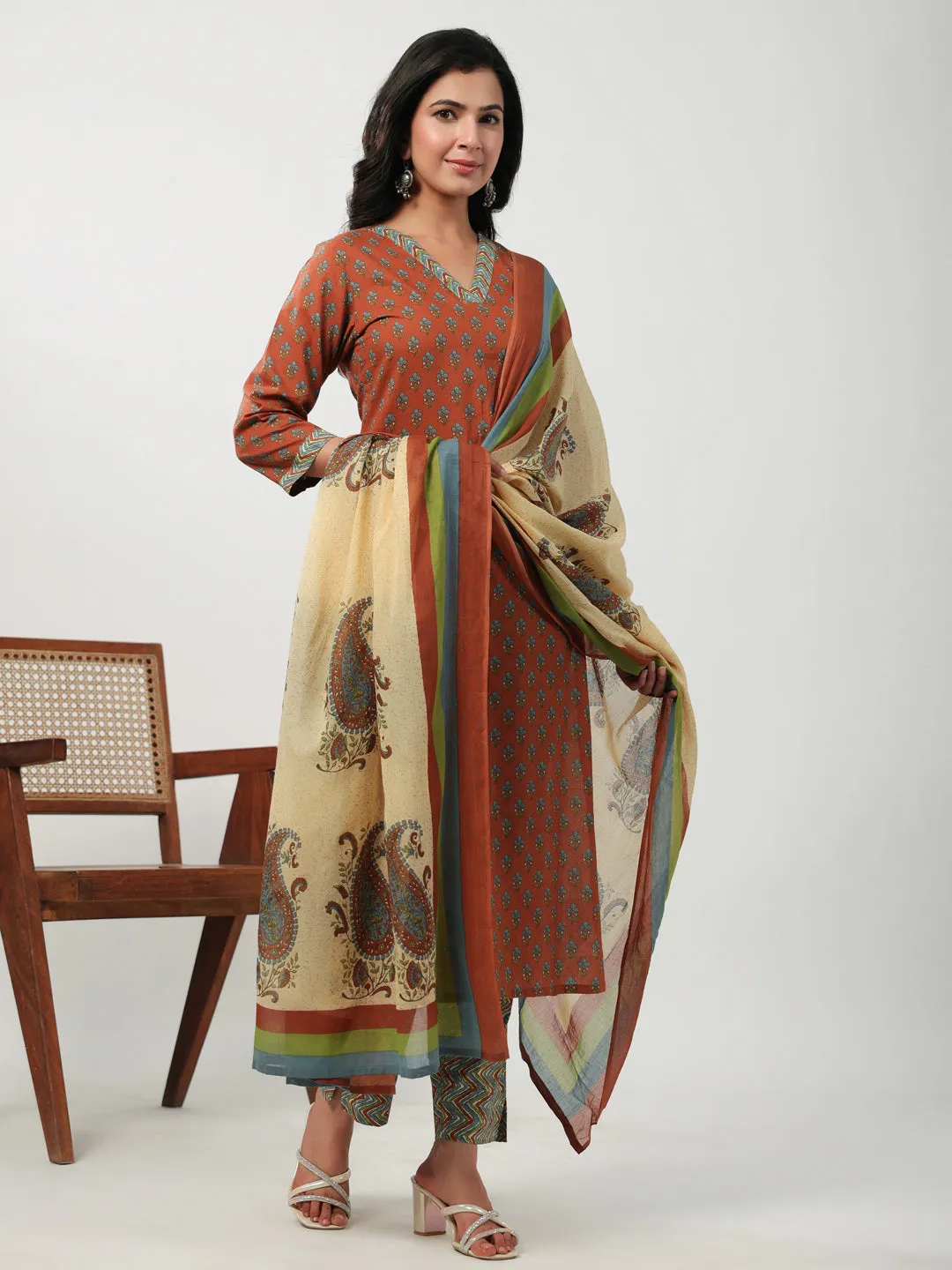 Brown Cotton Floral Straight Kurta Pant Set
