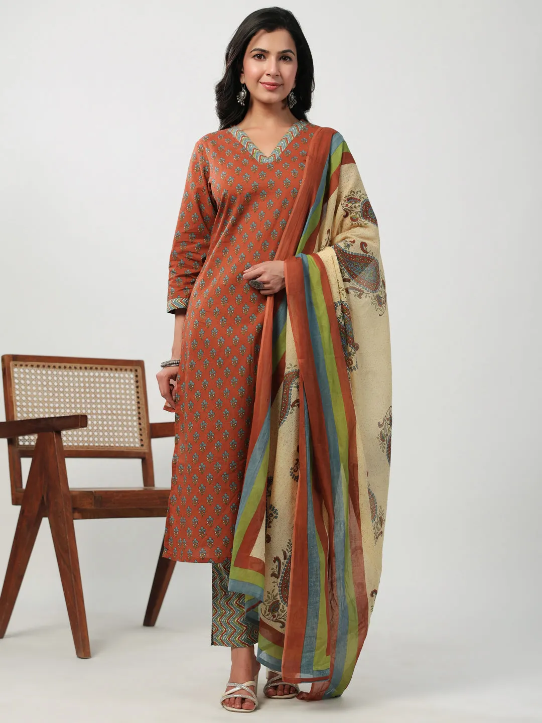 Brown Cotton Floral Straight Kurta Pant Set