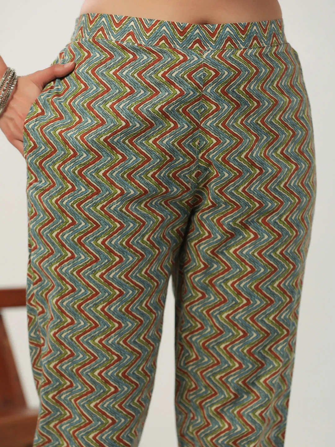 Brown Cotton Floral Straight Kurta Pant Set