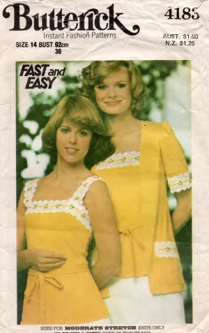 Butterick 4183 Womens FAST & EASY Stretch Camisole Top & Cardigan Jacket 1970s Vintage Sewing Pattern Size 14 Bust 36 inches